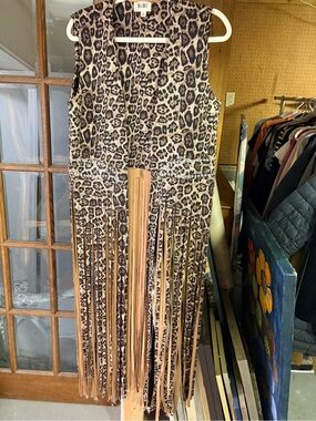 BiBi Leopard Print Fringe Vest in Brown and Tan